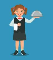 Cute little girl waitress holding silver tray serving food vector