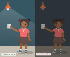 Opposite adjective antonym words turn on and turn off illustration of little African girl switch on and off the light explanation flashcard with text label vector