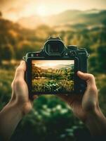 puesta de sol Disparo digitalmente compuesto de cerca imagen de joven fotógrafo mirando lanzar su cámara terminado el imagen de paisaje con palma árboles, generativo ai foto
