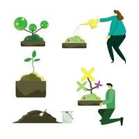 PEOPLE DOING GARDENING AND WATERING PLANT. SET OF PLANTS VECTOR ILLUSTRATION.