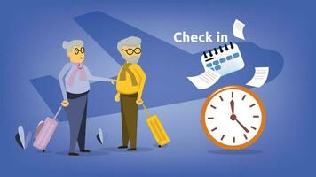 Airport check in illustration. old couple shock for checkin time. time and date to check in vector illustration. senior traveller design concept