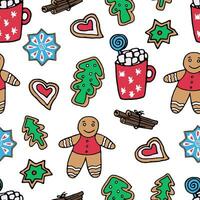 Seamless pattern of Christmas sweets on a white background - gingerbread, cookies, hot chocolate, cinnamon. Vector doodle illustration for packaging, web design