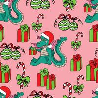 Seamless pattern dragon with gifts, caramel and Christmas balls on a pink background. Vector doodle illustration for packaging, web design