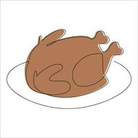 Turkey on platter drawn in one continuous line in color. One line drawing, minimalism. Vector illustration.