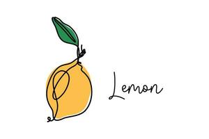 Lemon with leaf continuous one line drawing.  Vector linear illustration made of single line. Minimalistic design for logo, card, menu design.