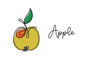 Apple with leaf continuous one line drawing.  Vector linear illustration made of single line. Minimalistic design for logo, card, menu design.