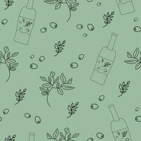 Seamless pattern with olives, olive oil, olive branch on green background in doodle style vector