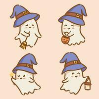set of cute ghost with wich hat hand drawn vector