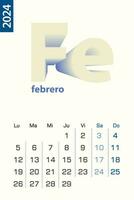 Minimalist calendar template for February 2024, vector calendar in Spanish language.