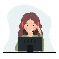 Call center, hotline Customer support service. Woman with headphones and microphone with laptop. Office worker. Customer Support Officer, Telemarketing Agents. vector