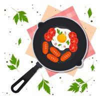 Breakfast. Fried egg with sausages and tomatoes in a frying pan, sprinkled with spices. vector