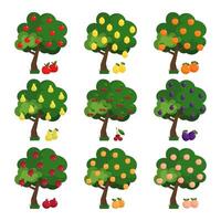 grande conjunto de ilustraciones de Fruta arboles verde Fruta árbol plano colocar. diferente arboles con maduro frutas manzana, ciruela, pera, cereza, limón, naranja. vector