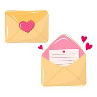 Envelope with a love letter. Love confession. Illustrations of a closed and open envelope with a letter for a loved one. vector