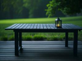 Wooden table and blur tropical green grass background, product display montage. High quality photo 8k FHD AI generated