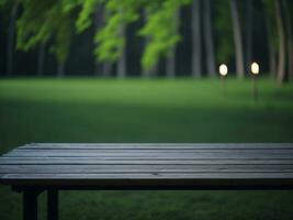 Wooden table and blur tropical green grass background, product display montage. High quality photo 8k FHD AI generated