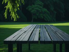 Wooden table and blur tropical green grass background, product display montage. High quality photo 8k FHD AI generated