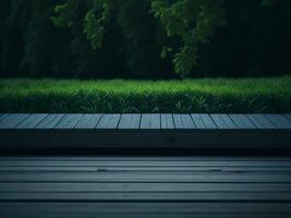 Wooden table and blur tropical green grass background, product display montage. High quality photo 8k FHD AI generated