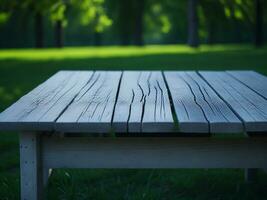 Wooden table and blur tropical green grass background, product display montage. High quality photo 8k FHD AI generated