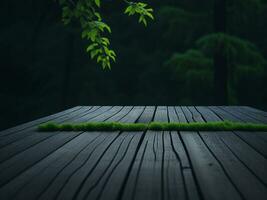 Wooden table and blur tropical green grass background, product display montage. High quality photo 8k FHD AI generated