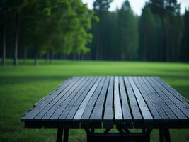 Wooden table and blur tropical green grass background, product display montage. High quality photo 8k FHD AI generated