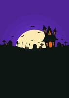 halloween poster template with haunted house, cemetery, bats, and moon on purple sky background vector