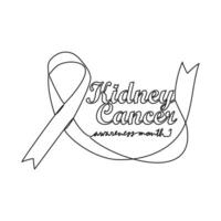 One continuous line drawing of kidney cancer awareness month with white background. Awareness ribbon design in simple linear style. healthcare and medical design concept vector illustration.