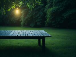 Wooden table and blur tropical green grass background, product display montage. High quality photo 8k FHD AI generated