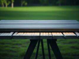 Wooden table and blur tropical green grass background, product display montage. High quality photo 8k FHD AI generated