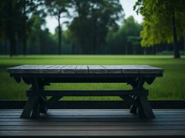 Wooden table and blur tropical green grass background, product display montage. High quality photo 8k FHD AI generated