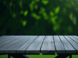 Wooden table and blur tropical green grass background, product display montage. High quality photo 8k FHD AI generated