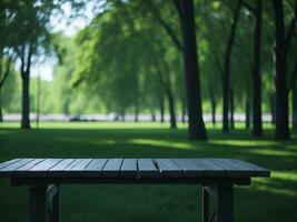 Wooden table and blur tropical green grass background, product display montage. High quality photo 8k FHD AI generated