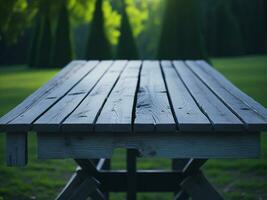 Wooden table and blur tropical green grass background, product display montage. High quality photo 8k FHD AI generated