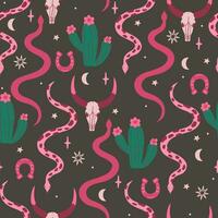 Wild west seamless pattern with skulls, snakes, cacti. Vector graphics.