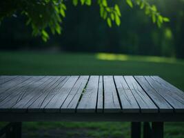 Wooden table and blur tropical green grass background, product display montage. High quality photo 8k FHD AI generated