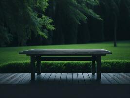 Wooden table and blur tropical green grass background, product display montage. High quality photo 8k FHD AI generated