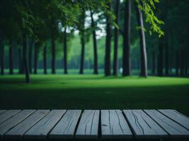 Wooden table and blur tropical green grass background, product display montage. High quality photo 8k FHD AI generated