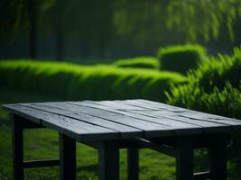 Wooden table and blur tropical green grass background, product display montage. High quality photo 8k FHD AI generated