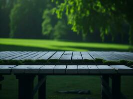 Wooden table and blur tropical green grass background, product display montage. High quality photo 8k FHD AI generated