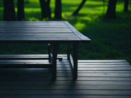 Wooden table and blur tropical green grass background, product display montage. High quality photo 8k FHD AI generated