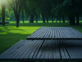 Wooden table and blur tropical green grass background, product display montage. High quality photo 8k FHD AI generated