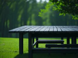 Wooden table and blur tropical green grass background, product display montage. High quality photo 8k FHD AI generated