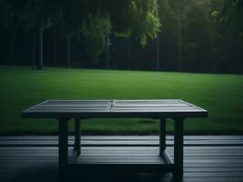 Wooden table and blur tropical green grass background, product display montage. High quality photo 8k FHD AI generated