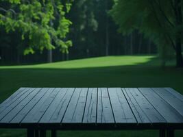 Wooden table and blur tropical green grass background, product display montage. High quality photo 8k FHD AI generated