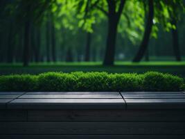 Wooden table and blur tropical green grass background, product display montage. High quality photo 8k FHD AI generated