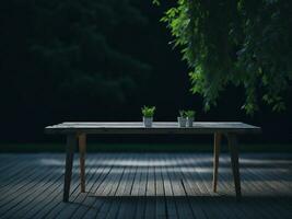 Wooden table and blur tropical green grass background, product display montage. High quality photo 8k FHD AI generated