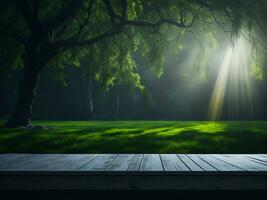 Wooden table and blur tropical green grass background, product display montage. High quality photo 8k FHD AI generated