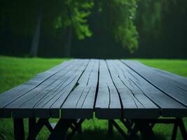 Wooden table and blur tropical green grass background, product display montage. High quality photo 8k FHD AI generated