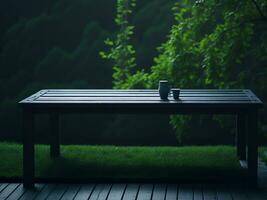 Wooden table and blur tropical green grass background, product display montage. High quality photo 8k FHD AI generated