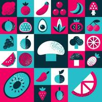 Abstract geometric pattern with various fruits and vegetables in Bauhaus style. Retro grid background. Vintage multicolor mosaic tile with geometric shapes. Texture for textile, web, menu, restaurant vector