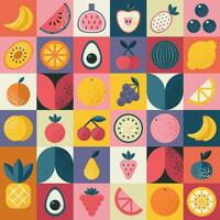 Abstract geometric pattern with various fruits in Bauhaus style. Retro grid background. Vintage multicolor mosaic tile with geometric shapes. Texture for textile, cover, web design, menu, restaurant. vector